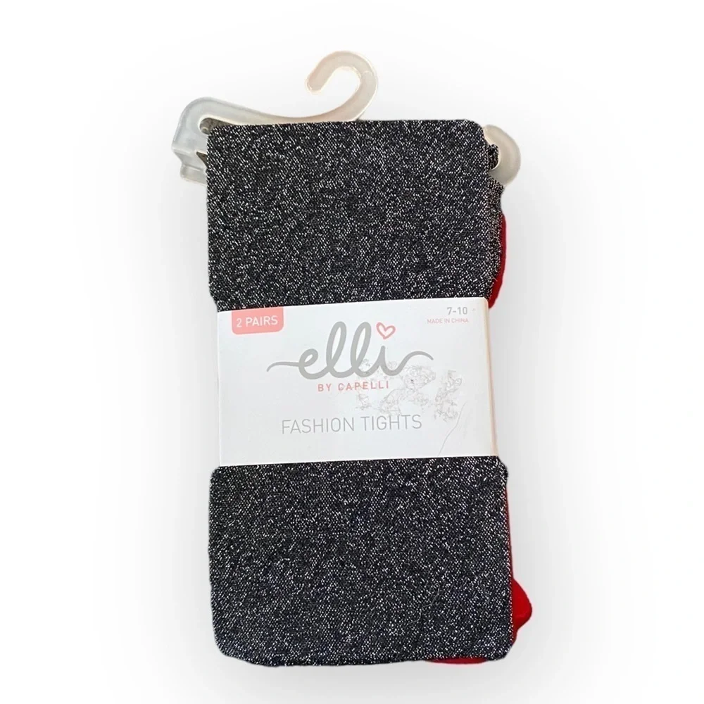 Elli by Capelli Fashion Tights Black Shimmer & Red Stockings Girls Size 7-10 NEW